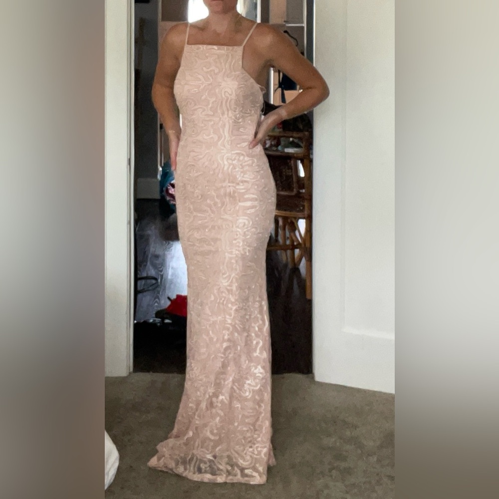Way-In Light Pink Spaghetti Strap Beaded Maxi Formal Dress